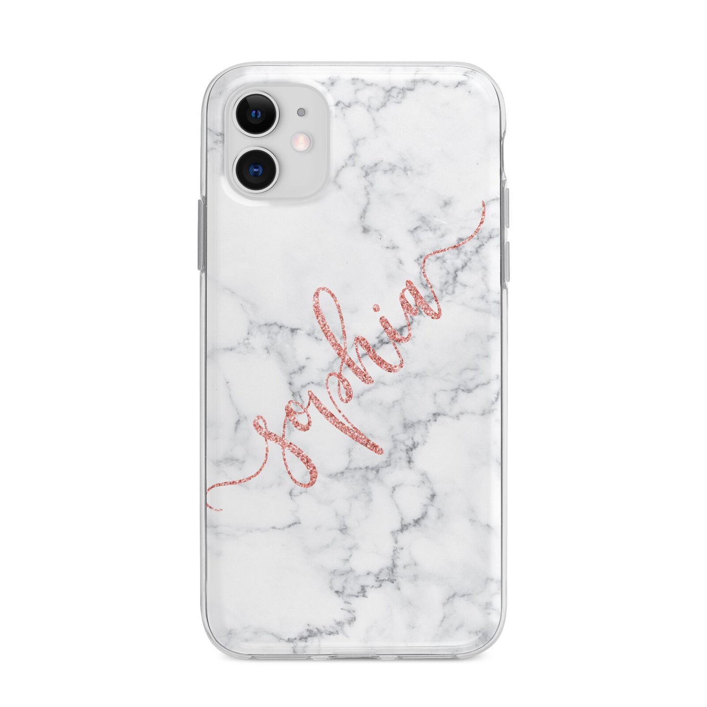 Personalised Marble with Pink Glitter Text Apple iPhone 11 in White with Bumper Case