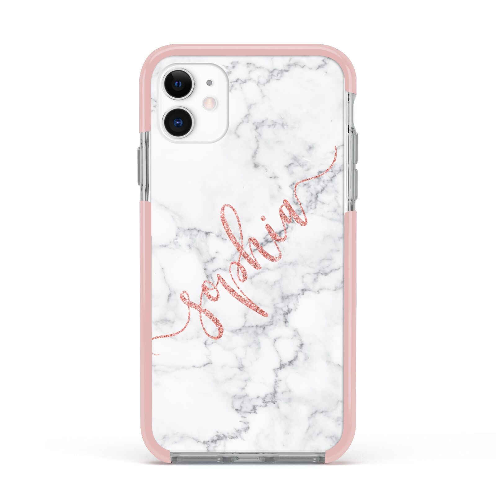 Personalised Marble with Pink Glitter Text Apple iPhone 11 in White with Pink Impact Case