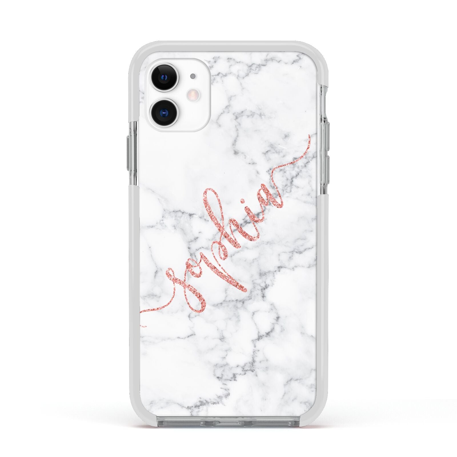 Personalised Marble with Pink Glitter Text Apple iPhone 11 in White with White Impact Case
