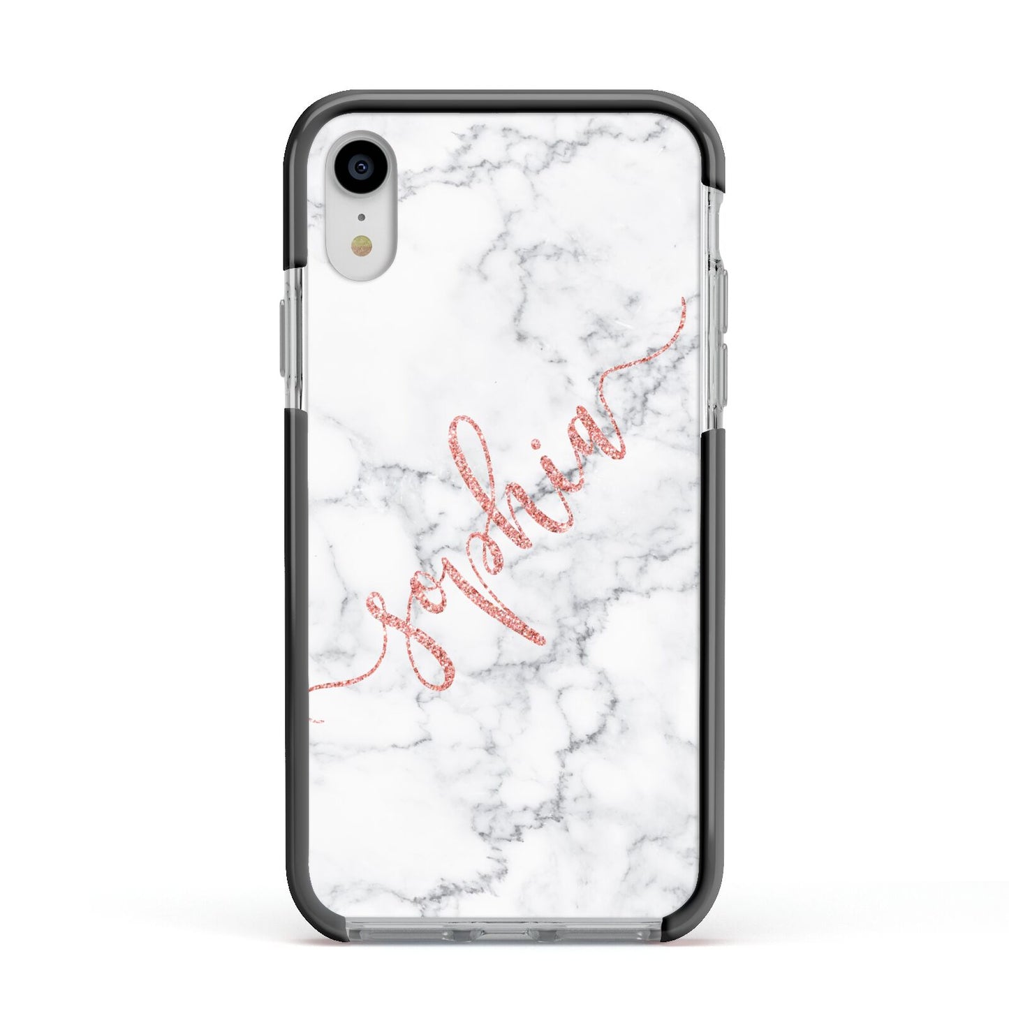 Personalised Marble with Pink Glitter Text Apple iPhone XR Impact Case Black Edge on Silver Phone