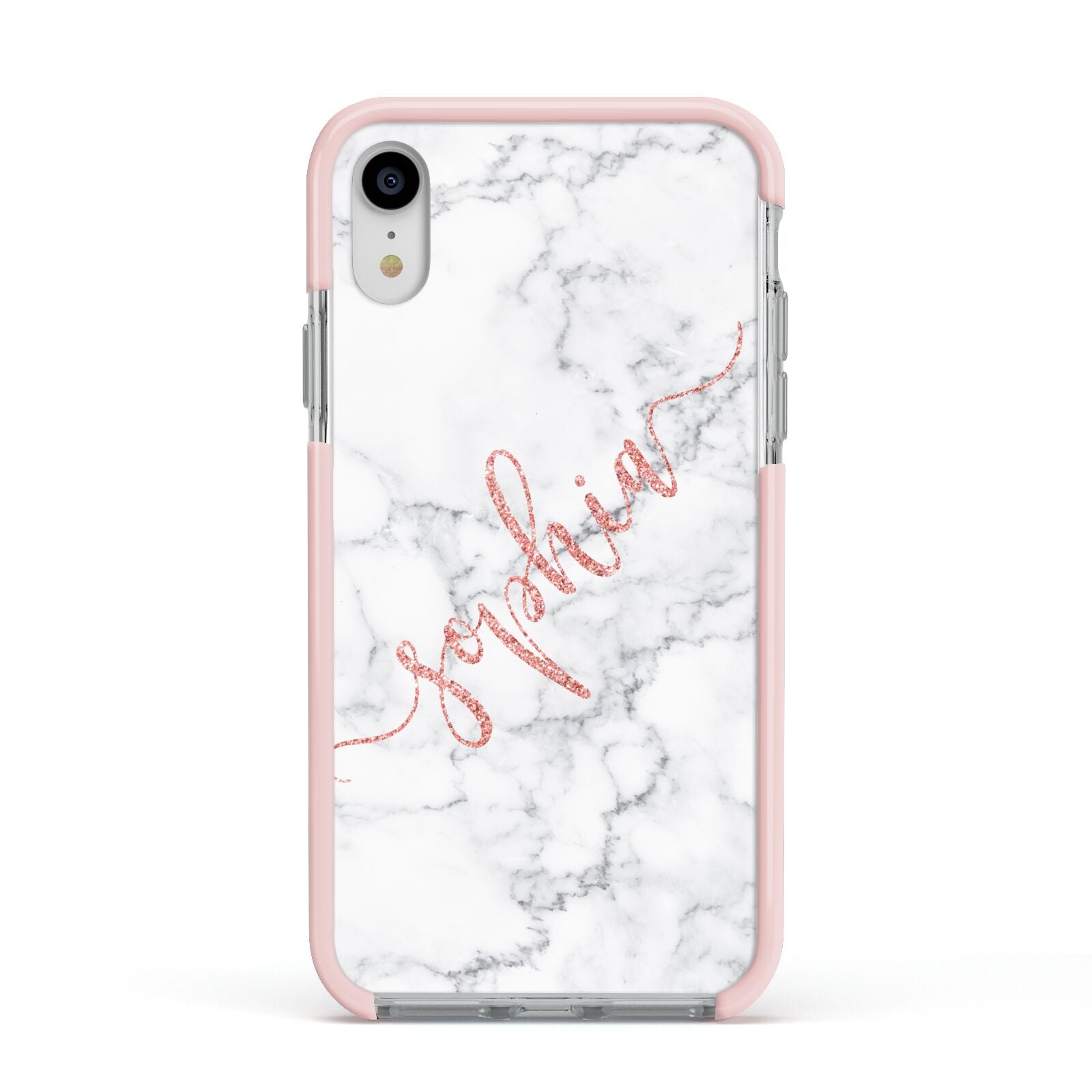 Personalised Marble with Pink Glitter Text Apple iPhone XR Impact Case Pink Edge on Silver Phone
