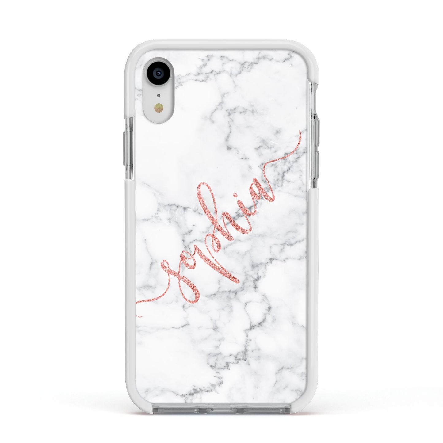 Personalised Marble with Pink Glitter Text Apple iPhone XR Impact Case White Edge on Silver Phone