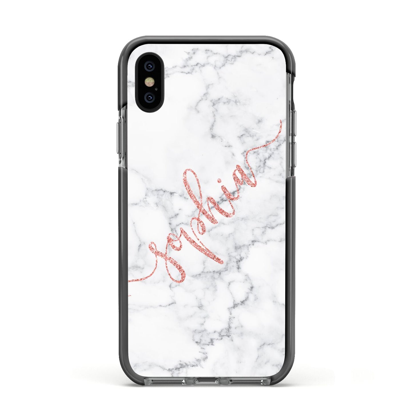 Personalised Marble with Pink Glitter Text Apple iPhone Xs Impact Case Black Edge on Black Phone