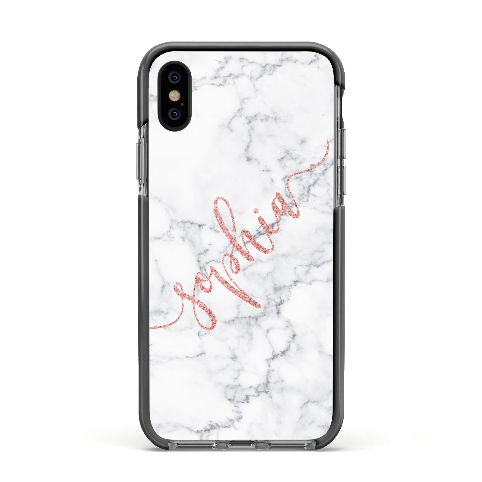 Personalised Marble with Pink Glitter Text Apple iPhone Xs Impact Case Black Edge on Black Phone