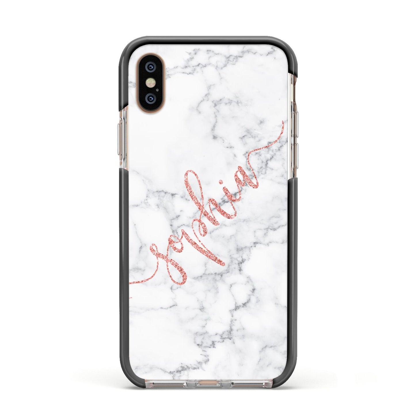 Personalised Marble with Pink Glitter Text Apple iPhone Xs Impact Case Black Edge on Gold Phone