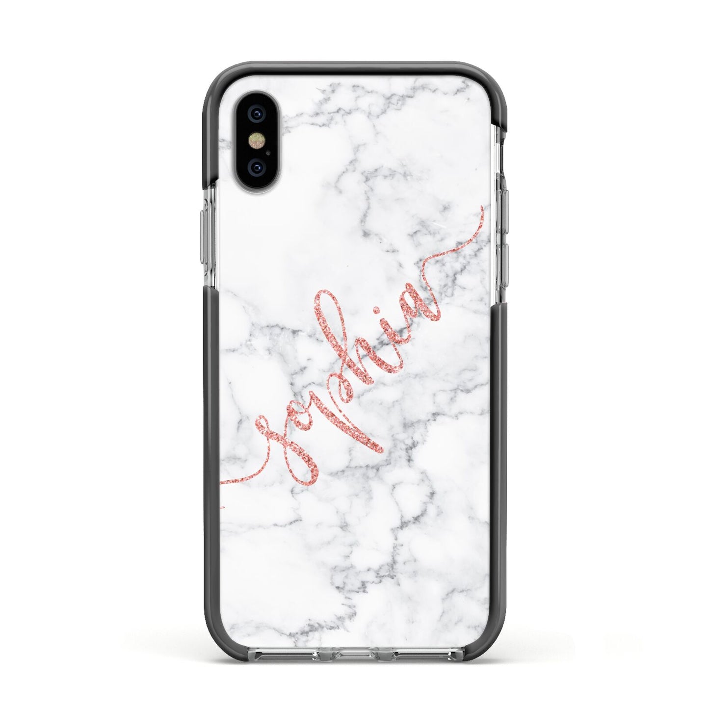 Personalised Marble with Pink Glitter Text Apple iPhone Xs Impact Case Black Edge on Silver Phone