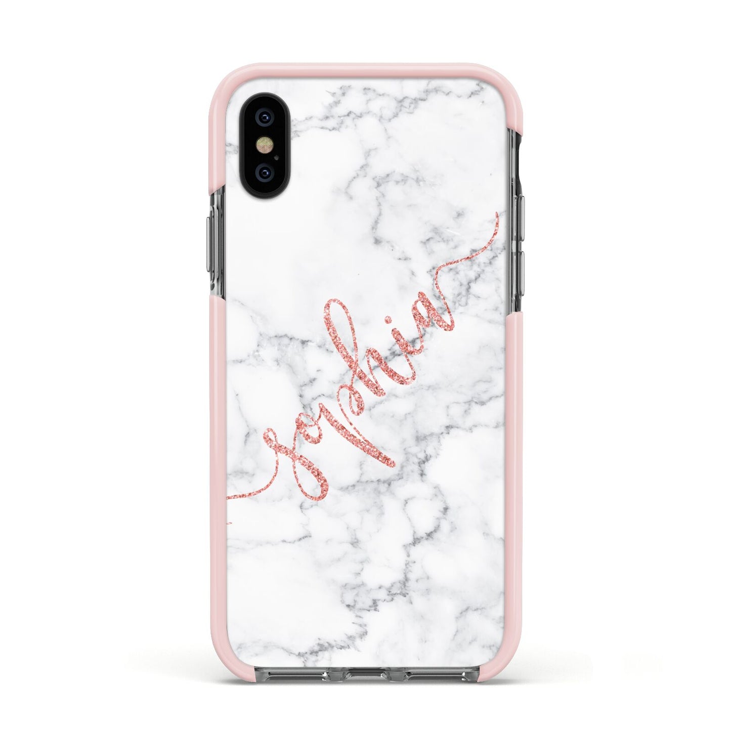 Personalised Marble with Pink Glitter Text Apple iPhone Xs Impact Case Pink Edge on Black Phone
