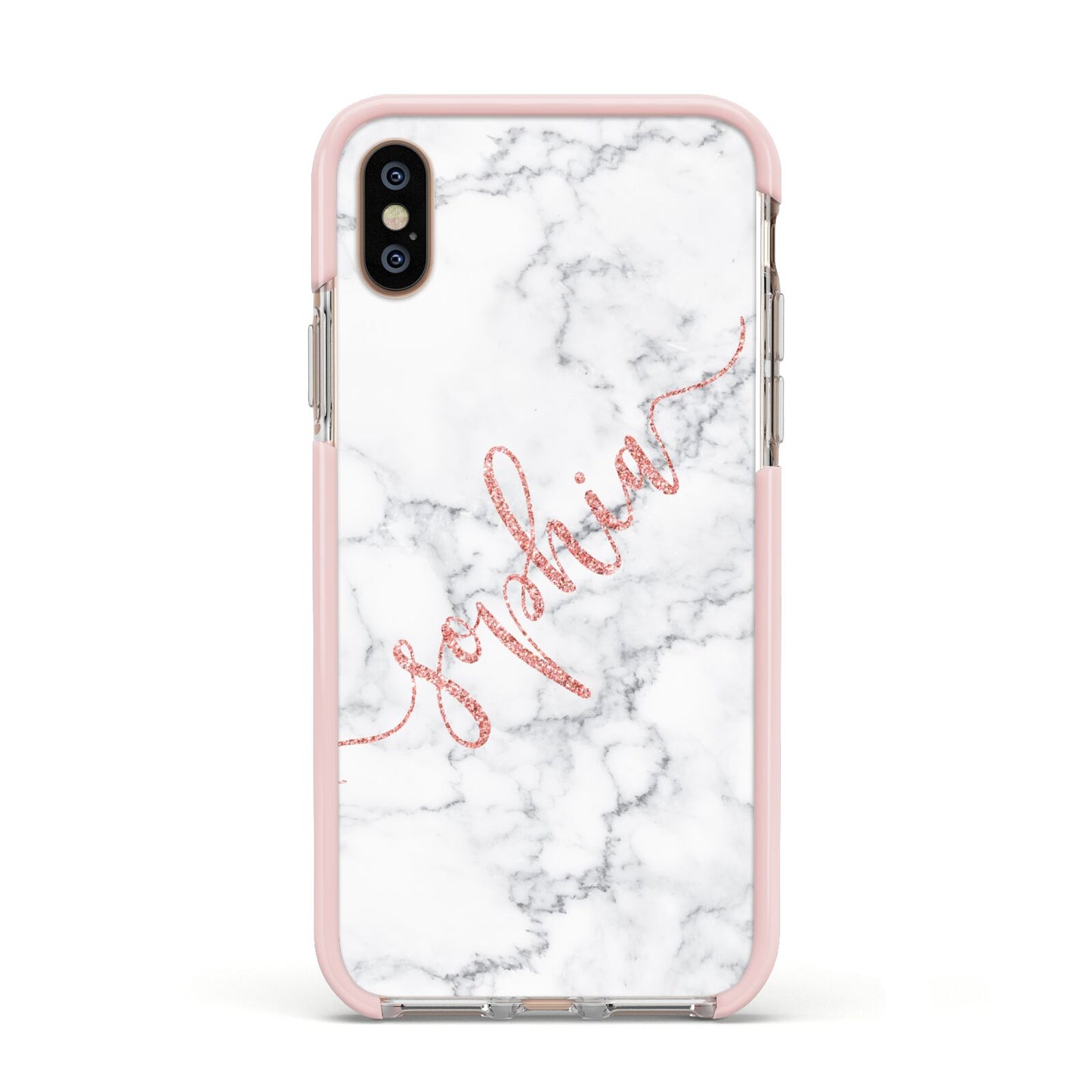 Personalised Marble with Pink Glitter Text Apple iPhone Xs Impact Case Pink Edge on Gold Phone