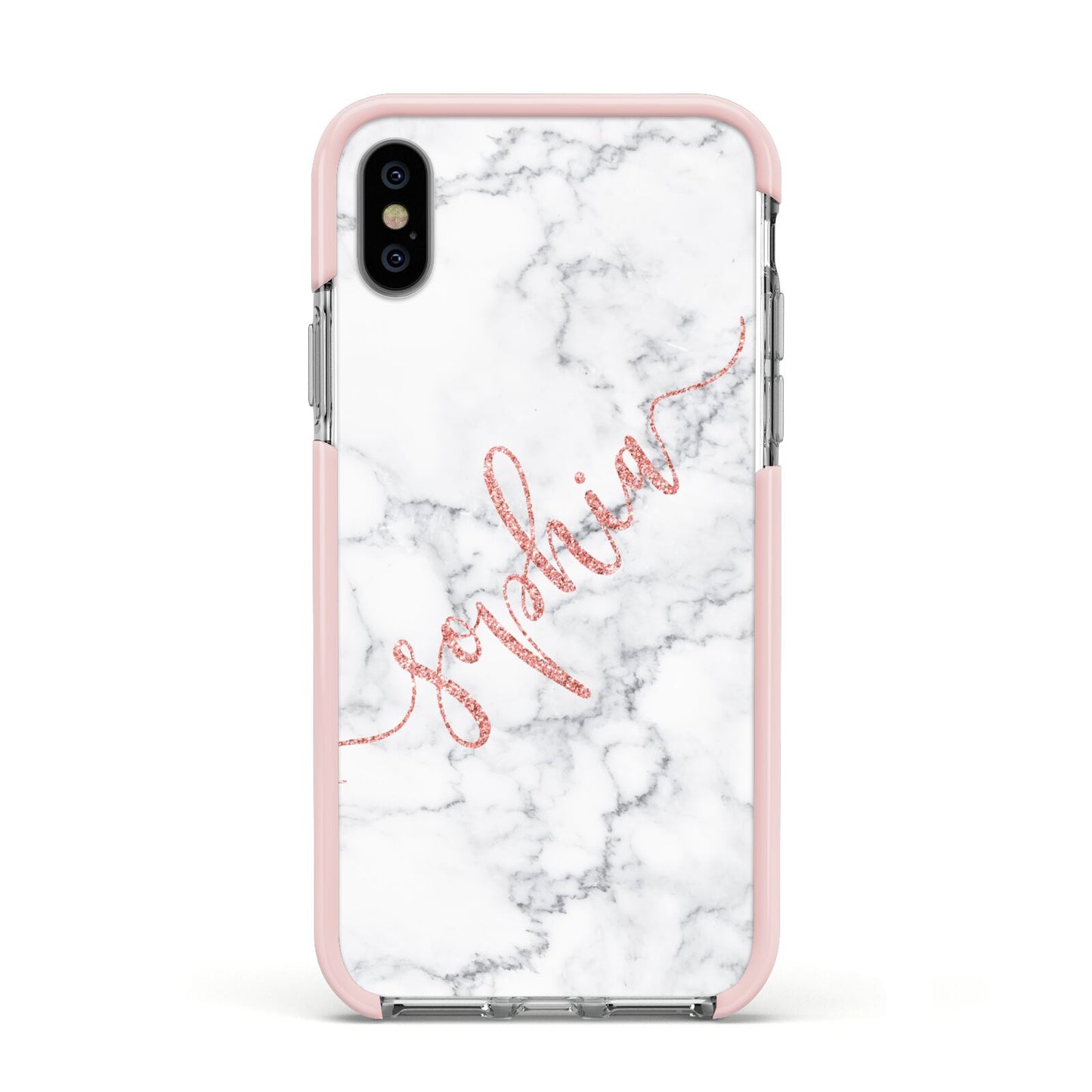 Personalised Marble with Pink Glitter Text Apple iPhone Xs Impact Case Pink Edge on Silver Phone