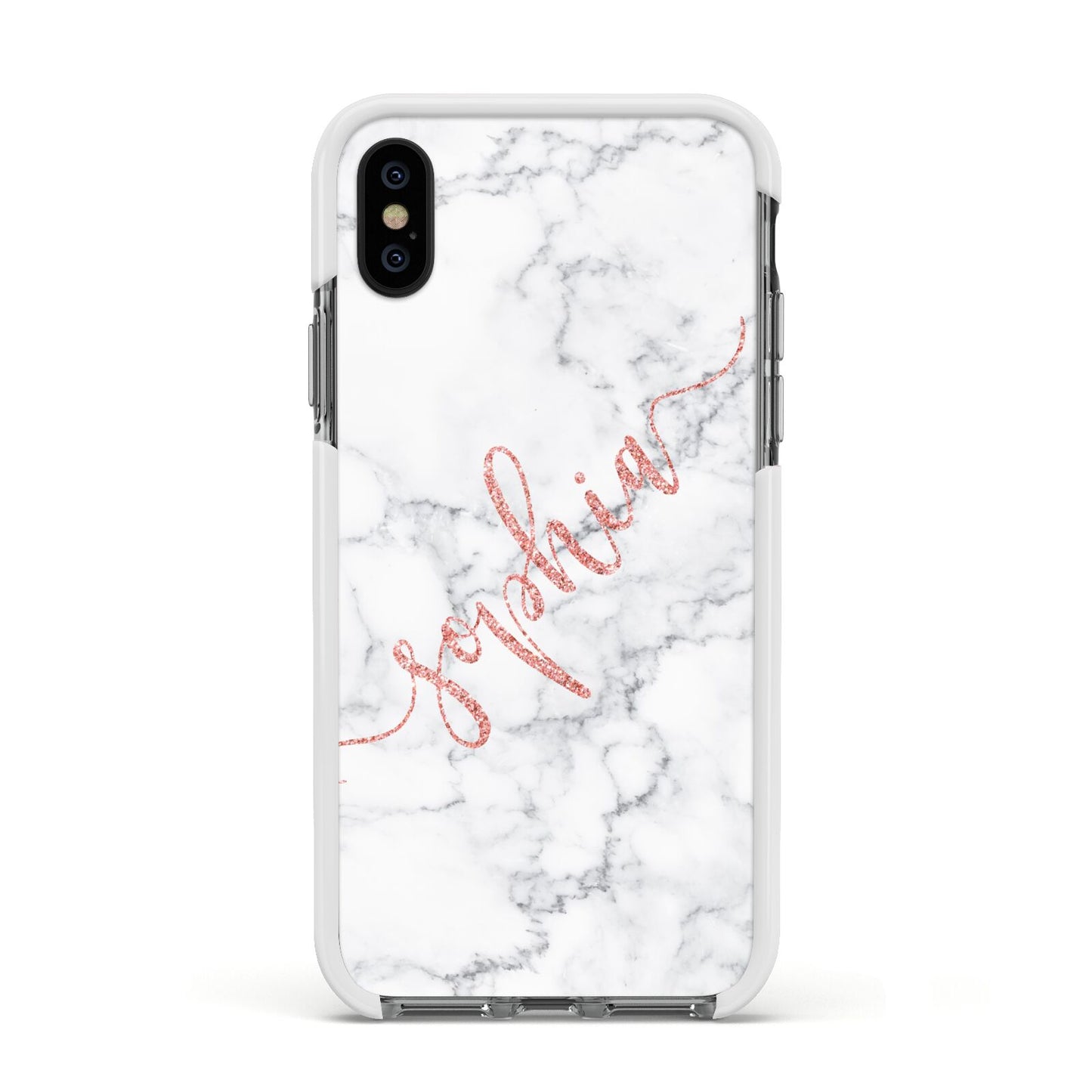 Personalised Marble with Pink Glitter Text Apple iPhone Xs Impact Case White Edge on Black Phone