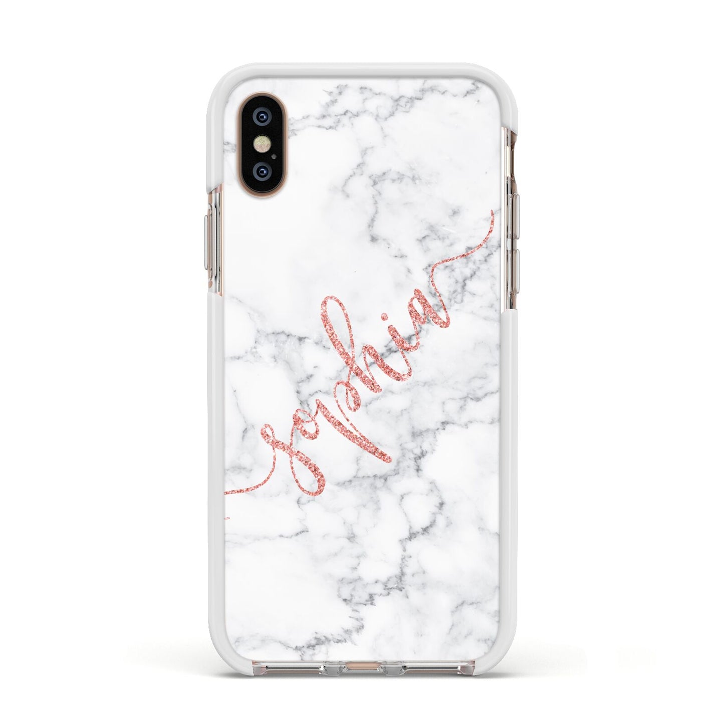 Personalised Marble with Pink Glitter Text Apple iPhone Xs Impact Case White Edge on Gold Phone