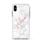 Personalised Marble with Pink Glitter Text Apple iPhone Xs Impact Case White Edge on Silver Phone