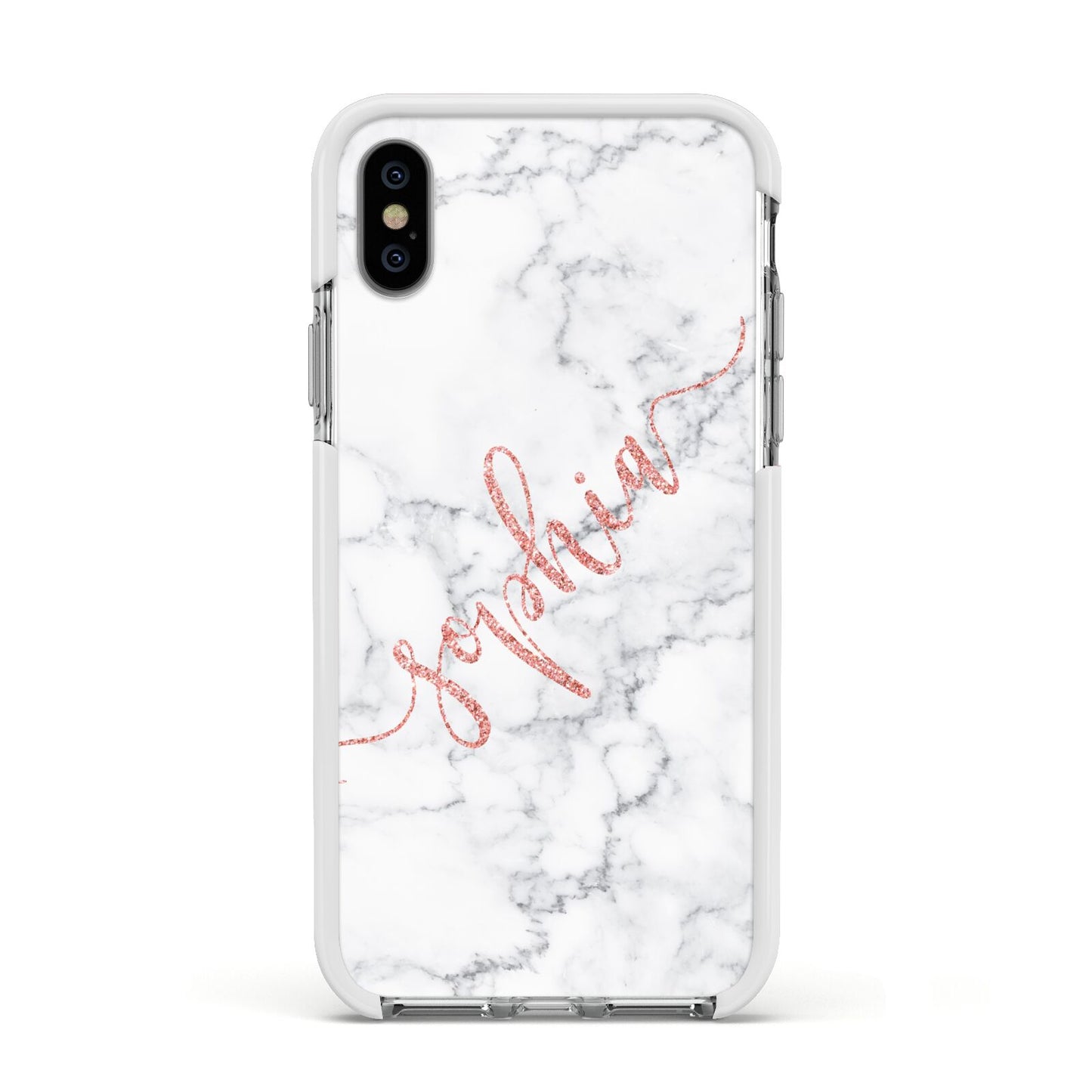 Personalised Marble with Pink Glitter Text Apple iPhone Xs Impact Case White Edge on Silver Phone