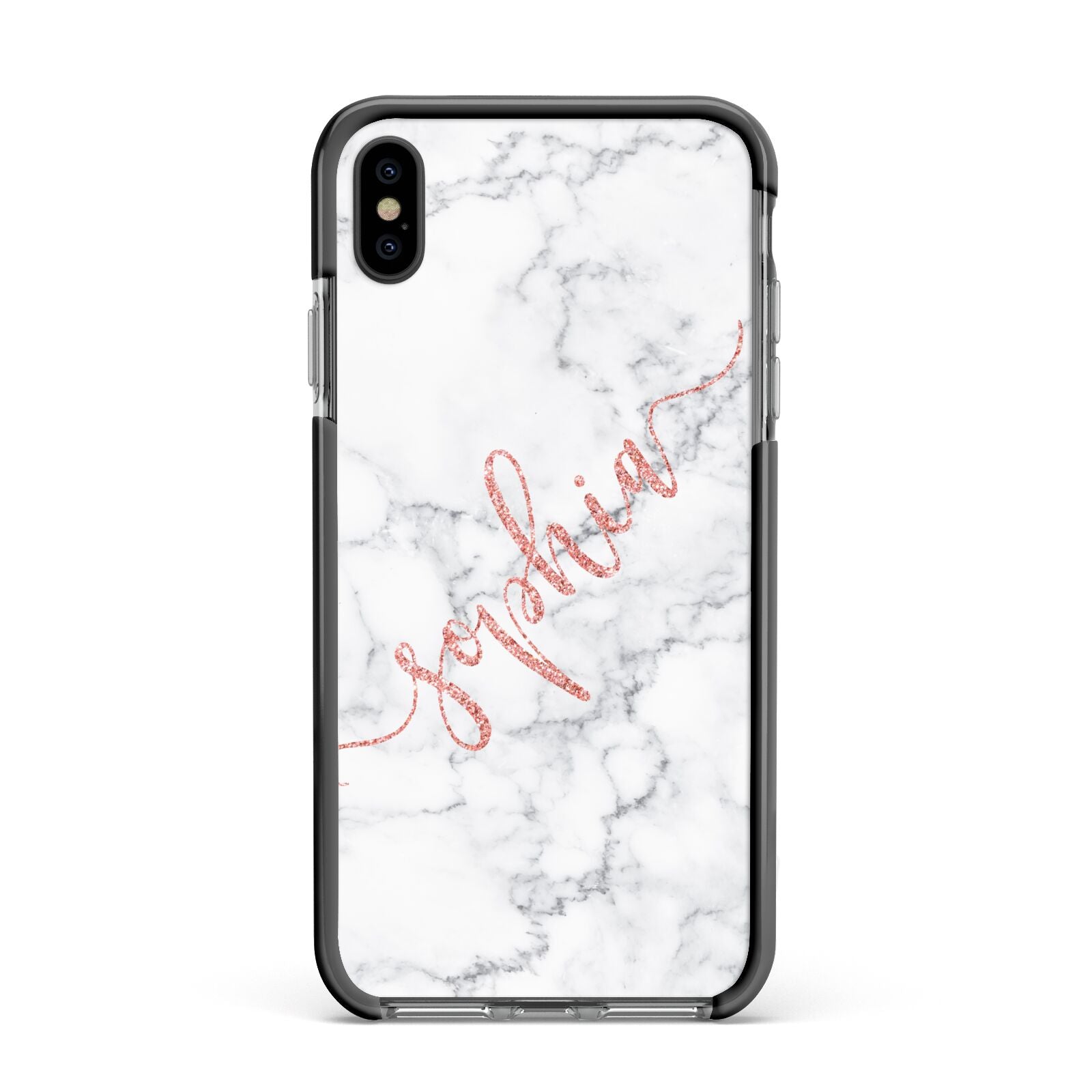 Personalised Marble with Pink Glitter Text Apple iPhone Xs Max Impact Case Black Edge on Black Phone