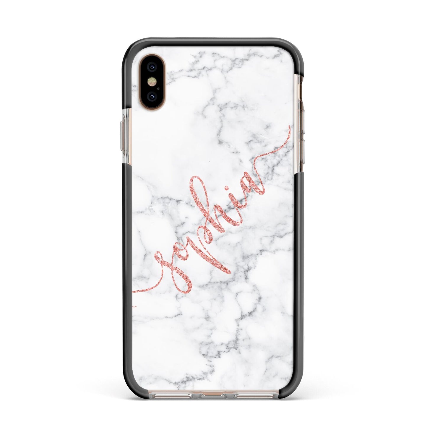 Personalised Marble with Pink Glitter Text Apple iPhone Xs Max Impact Case Black Edge on Gold Phone