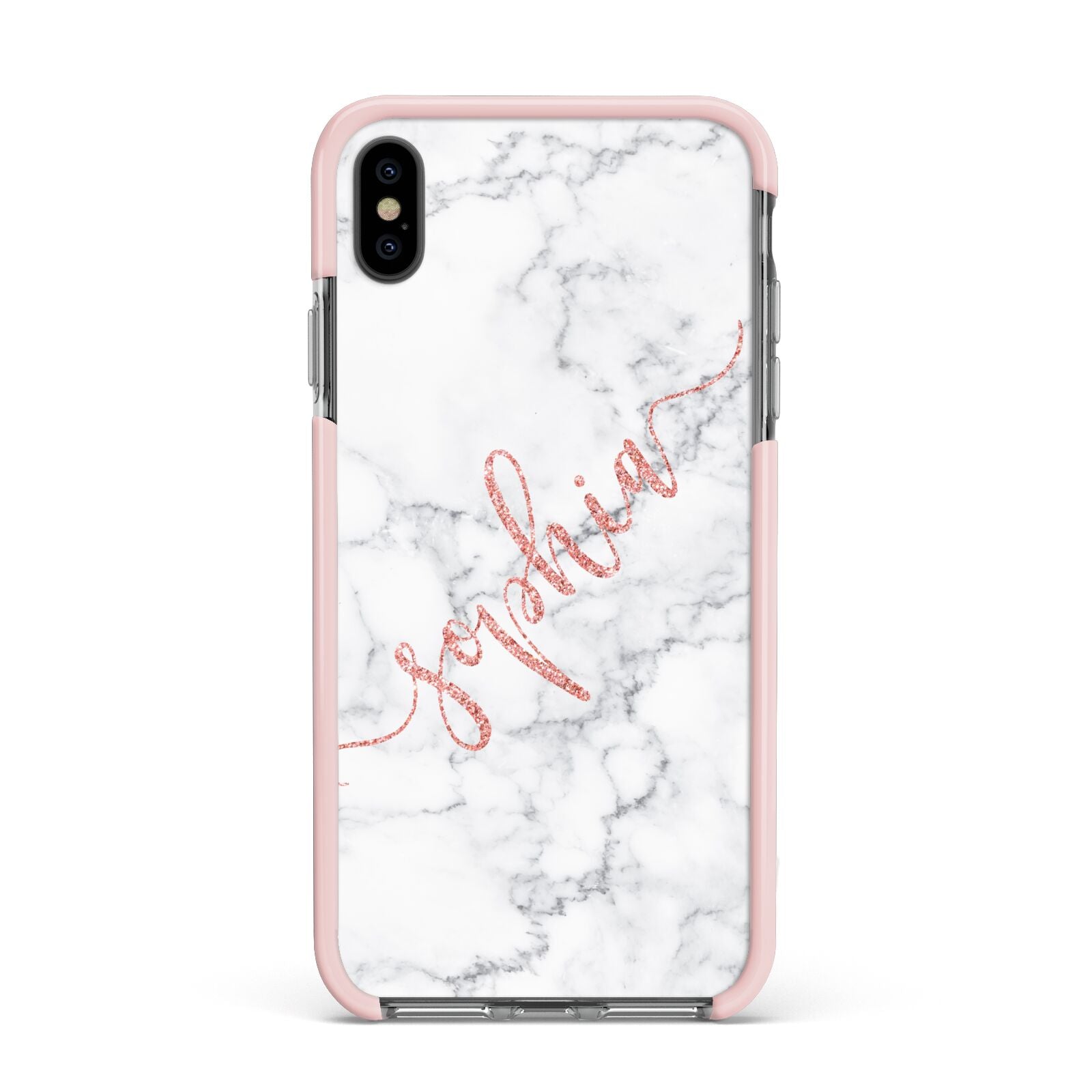 Personalised Marble with Pink Glitter Text Apple iPhone Xs Max Impact Case Pink Edge on Black Phone