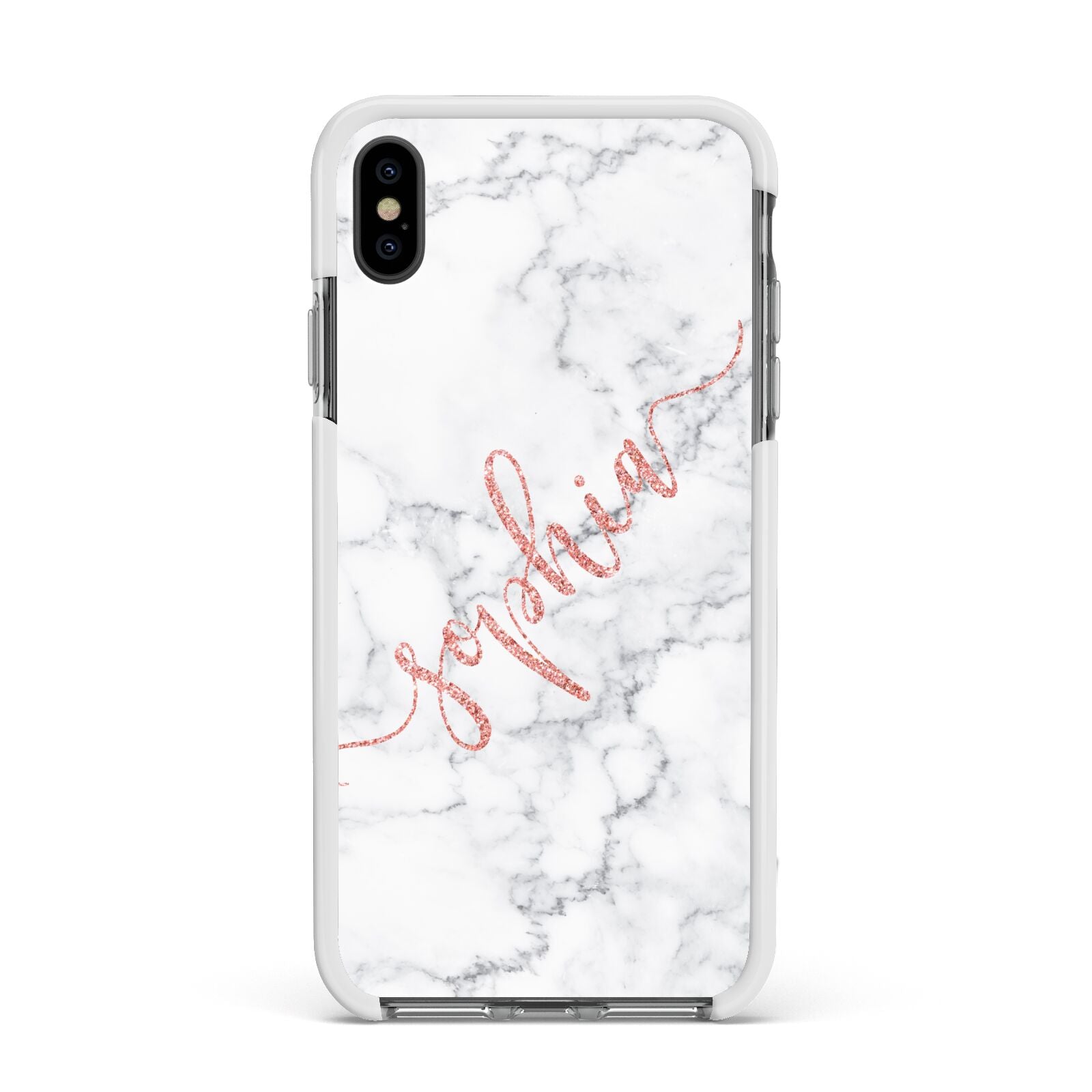Personalised Marble with Pink Glitter Text Apple iPhone Xs Max Impact Case White Edge on Black Phone