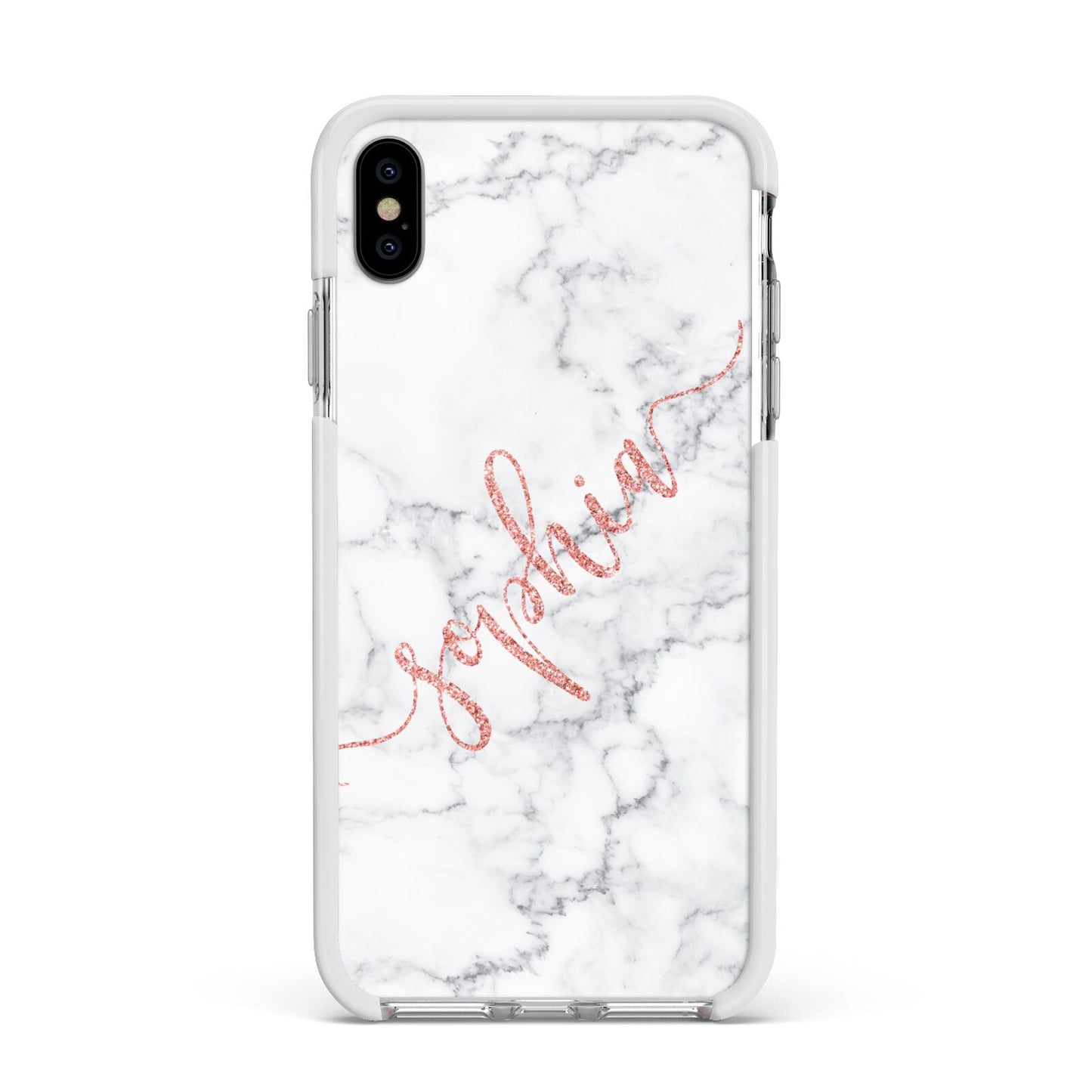 Personalised Marble with Pink Glitter Text Apple iPhone Xs Max Impact Case White Edge on Silver Phone