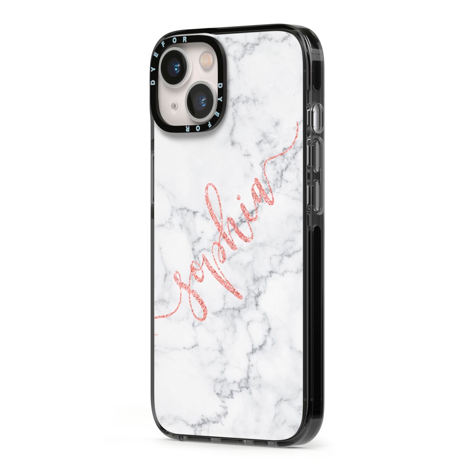 Personalised Marble with Pink Glitter Text iPhone 13 Black Impact Case Side Angle on Silver phone