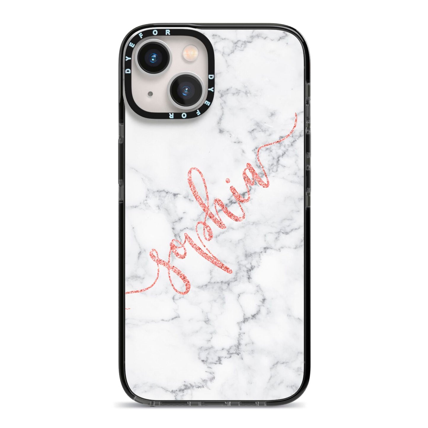 Personalised Marble with Pink Glitter Text iPhone 13 Black Impact Case on Silver phone
