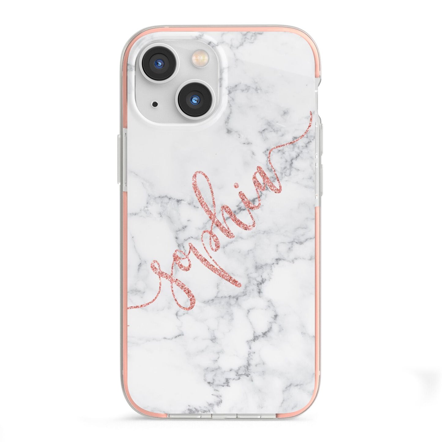 Personalised Marble with Pink Glitter Text iPhone 13 Mini TPU Impact Case with Pink Edges