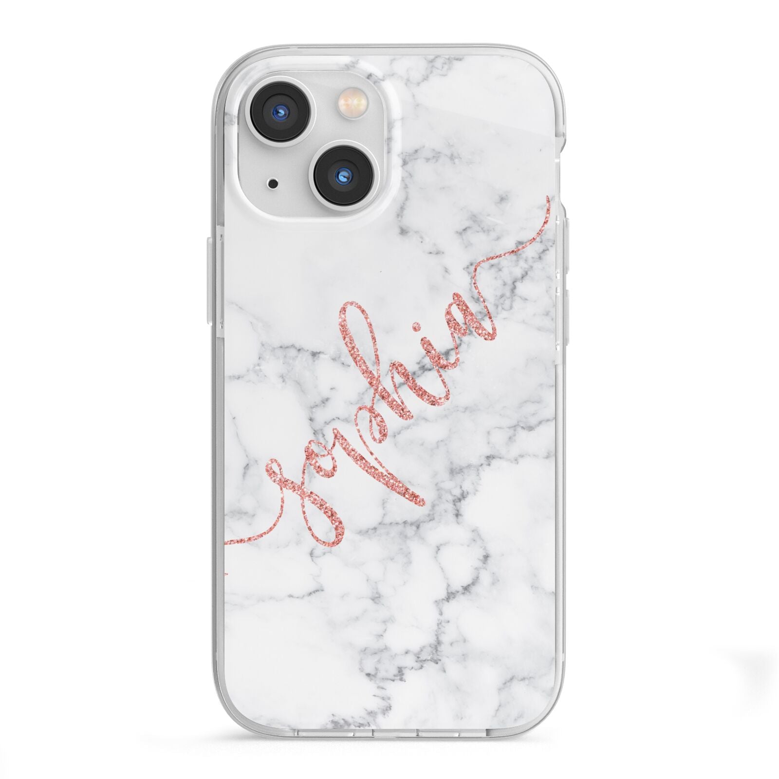 Personalised Marble with Pink Glitter Text iPhone 13 Mini TPU Impact Case with White Edges