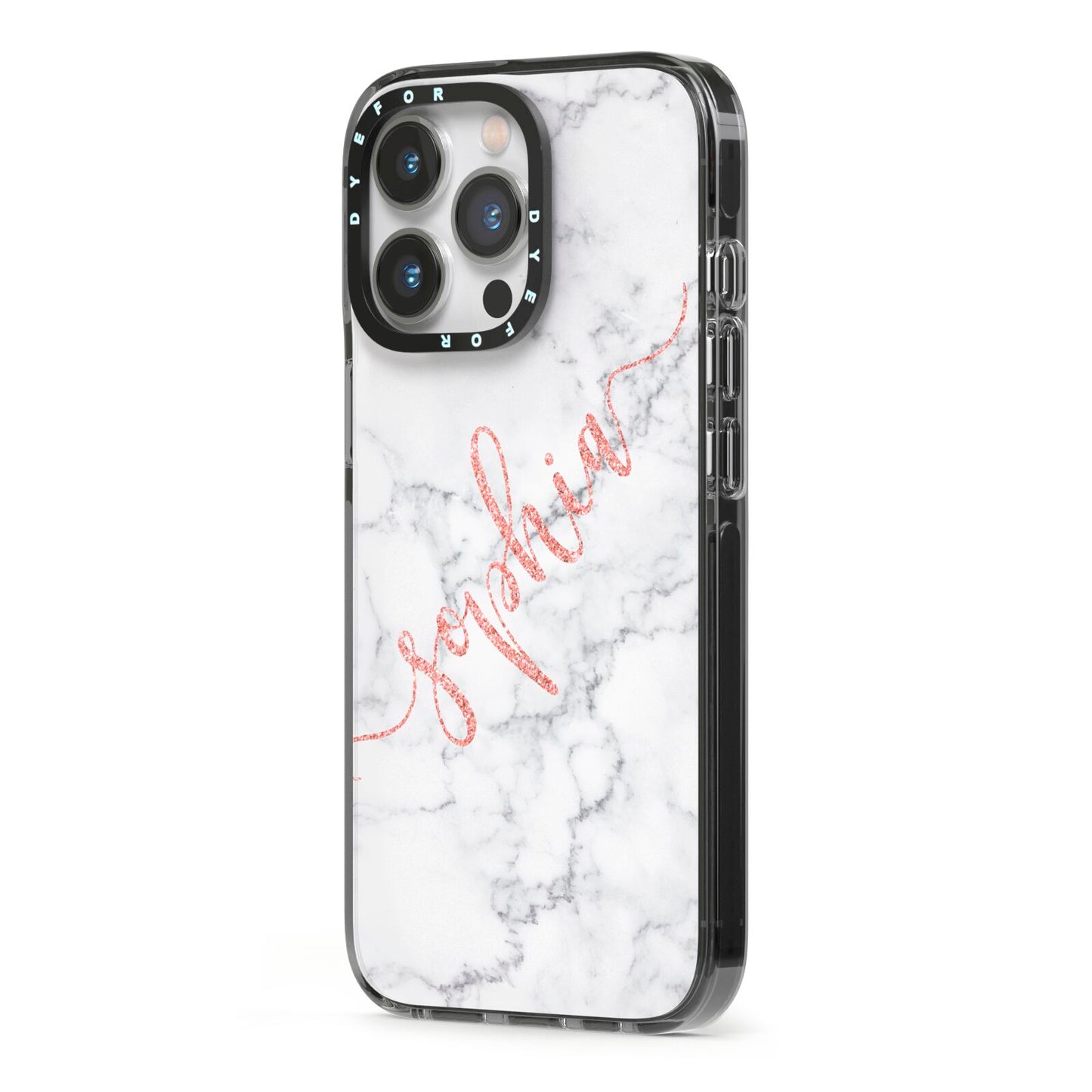 Personalised Marble with Pink Glitter Text iPhone 13 Pro Black Impact Case Side Angle on Silver phone