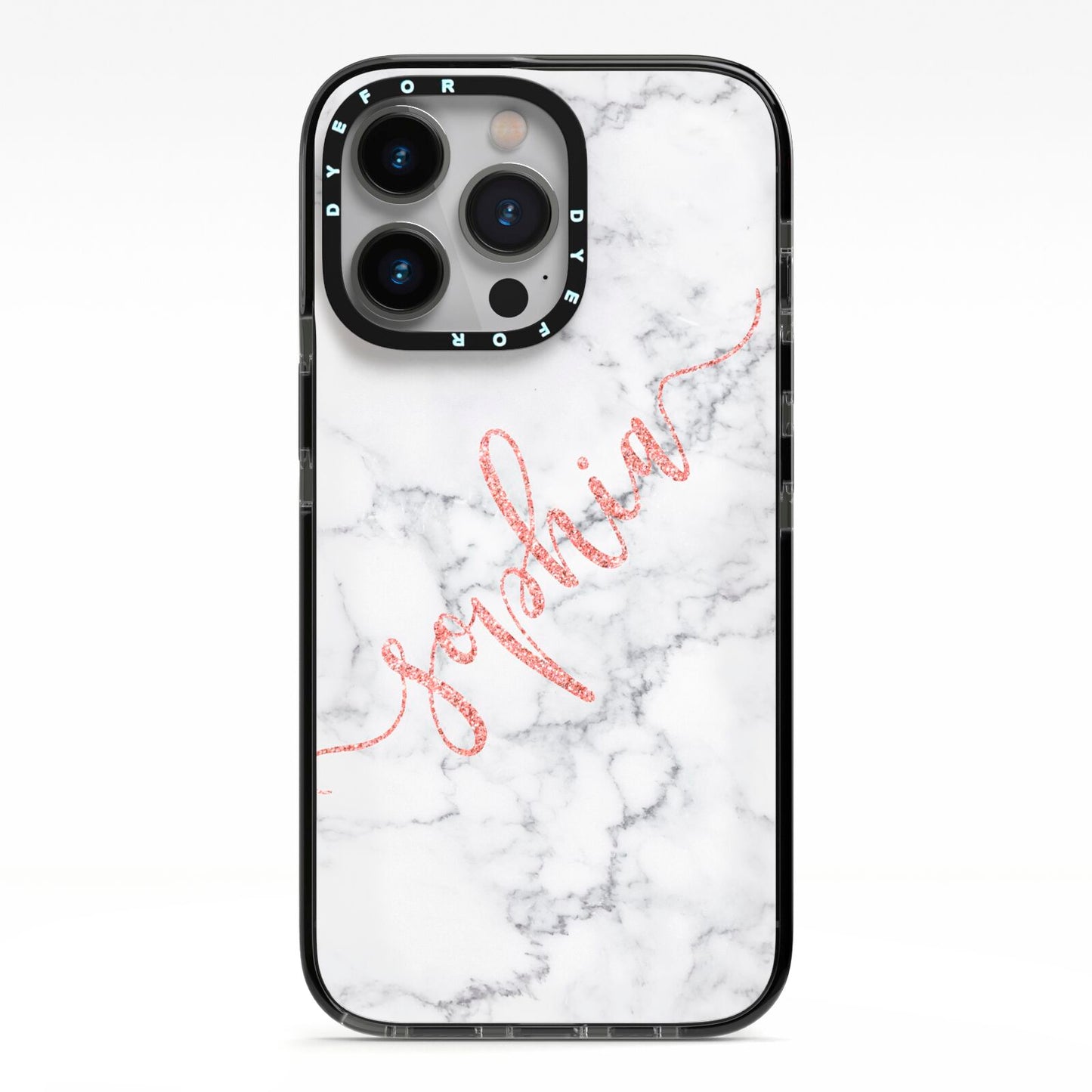 Personalised Marble with Pink Glitter Text iPhone 13 Pro Black Impact Case on Silver phone
