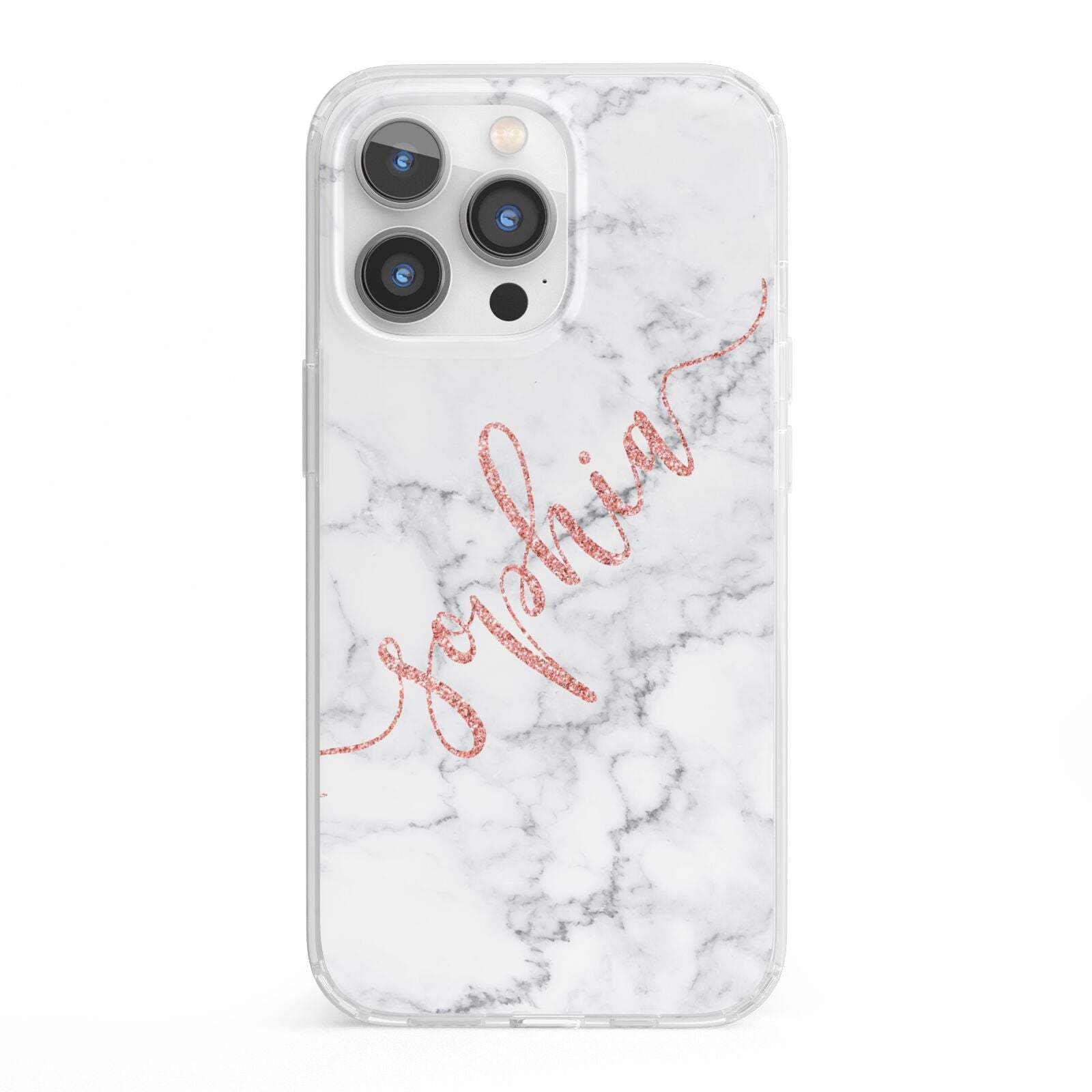 Personalised Marble with Pink Glitter Text iPhone 13 Pro Clear Bumper Case