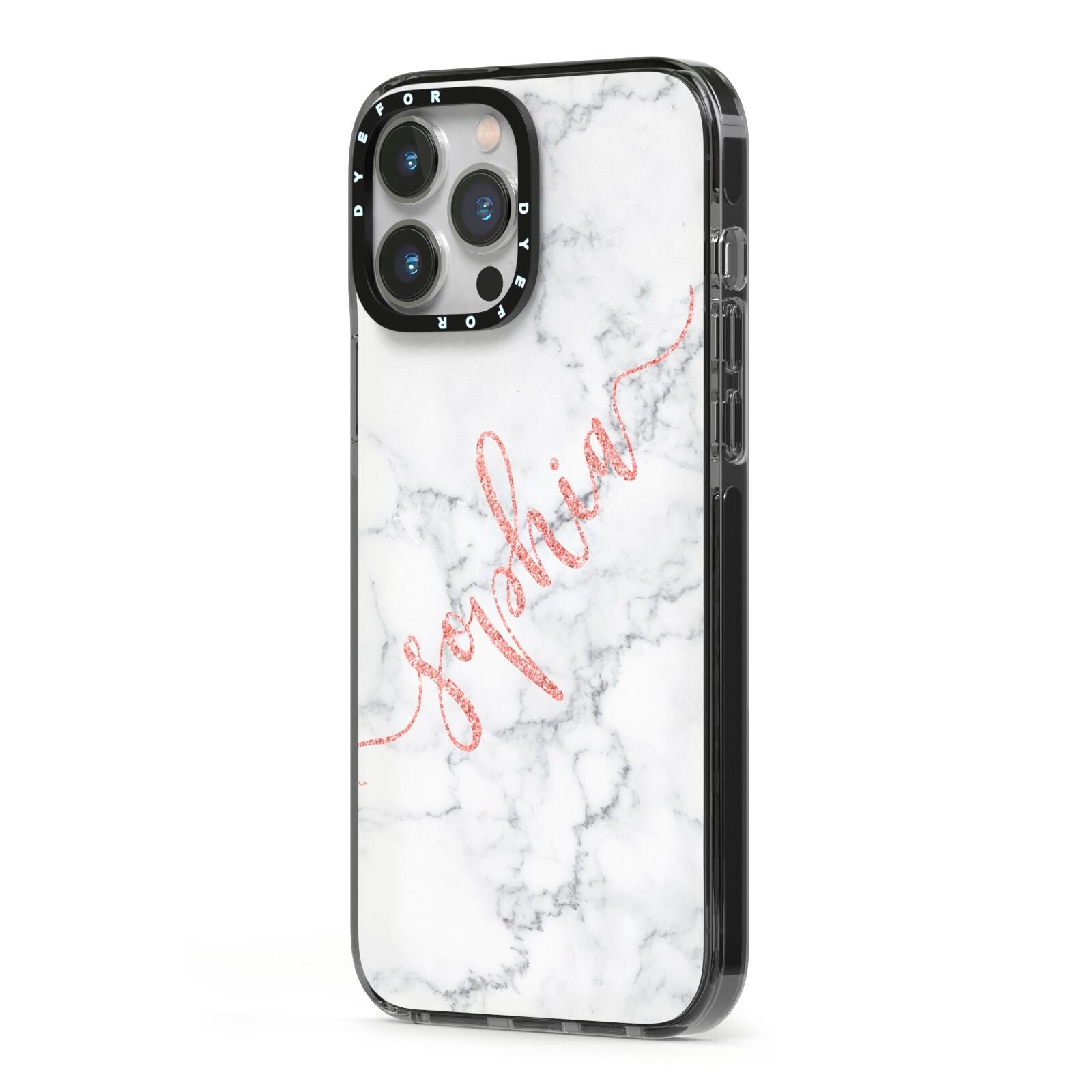 Personalised Marble with Pink Glitter Text iPhone 13 Pro Max Black Impact Case Side Angle on Silver phone