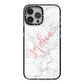 Personalised Marble with Pink Glitter Text iPhone 13 Pro Max Black Impact Case on Silver phone