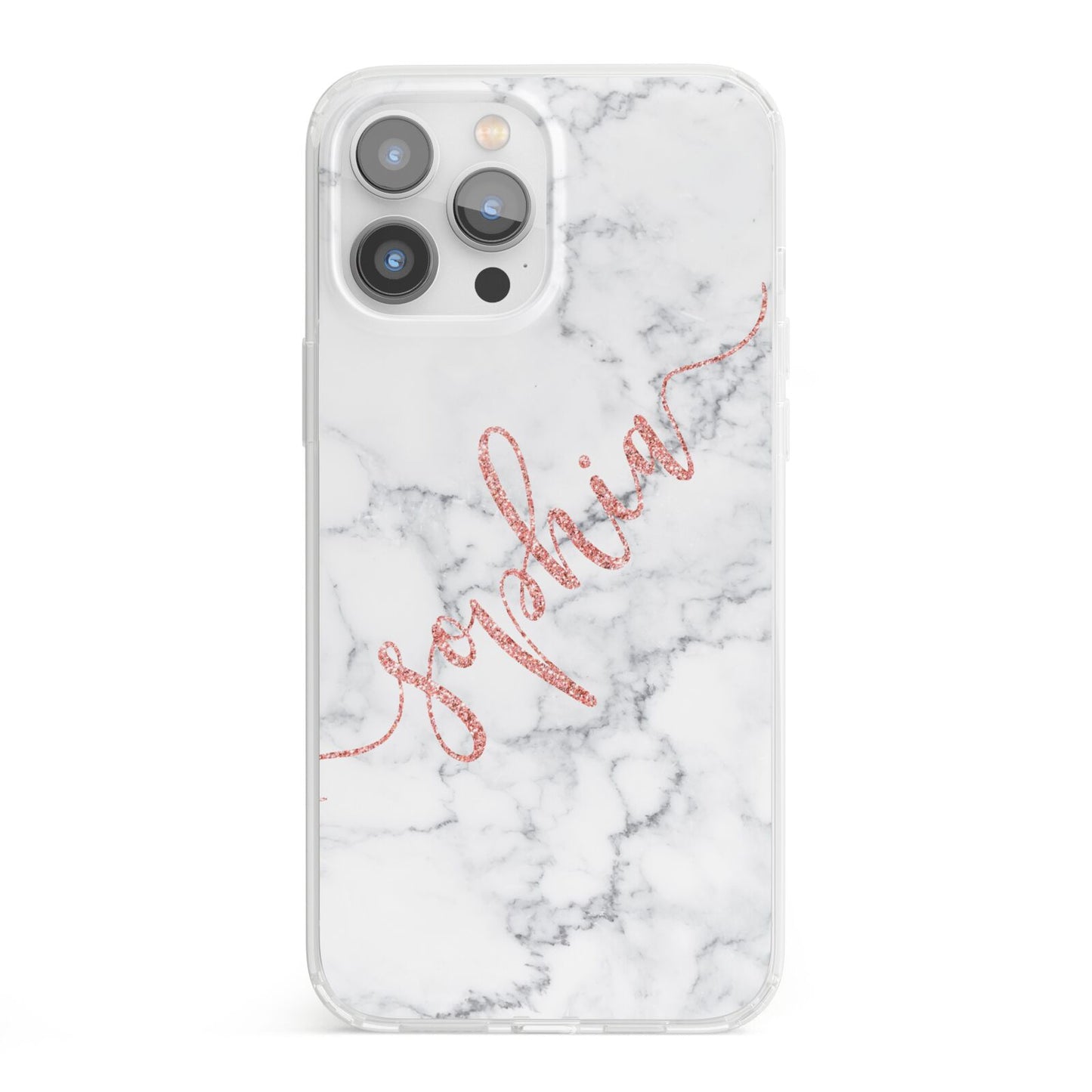 Personalised Marble with Pink Glitter Text iPhone 13 Pro Max Clear Bumper Case