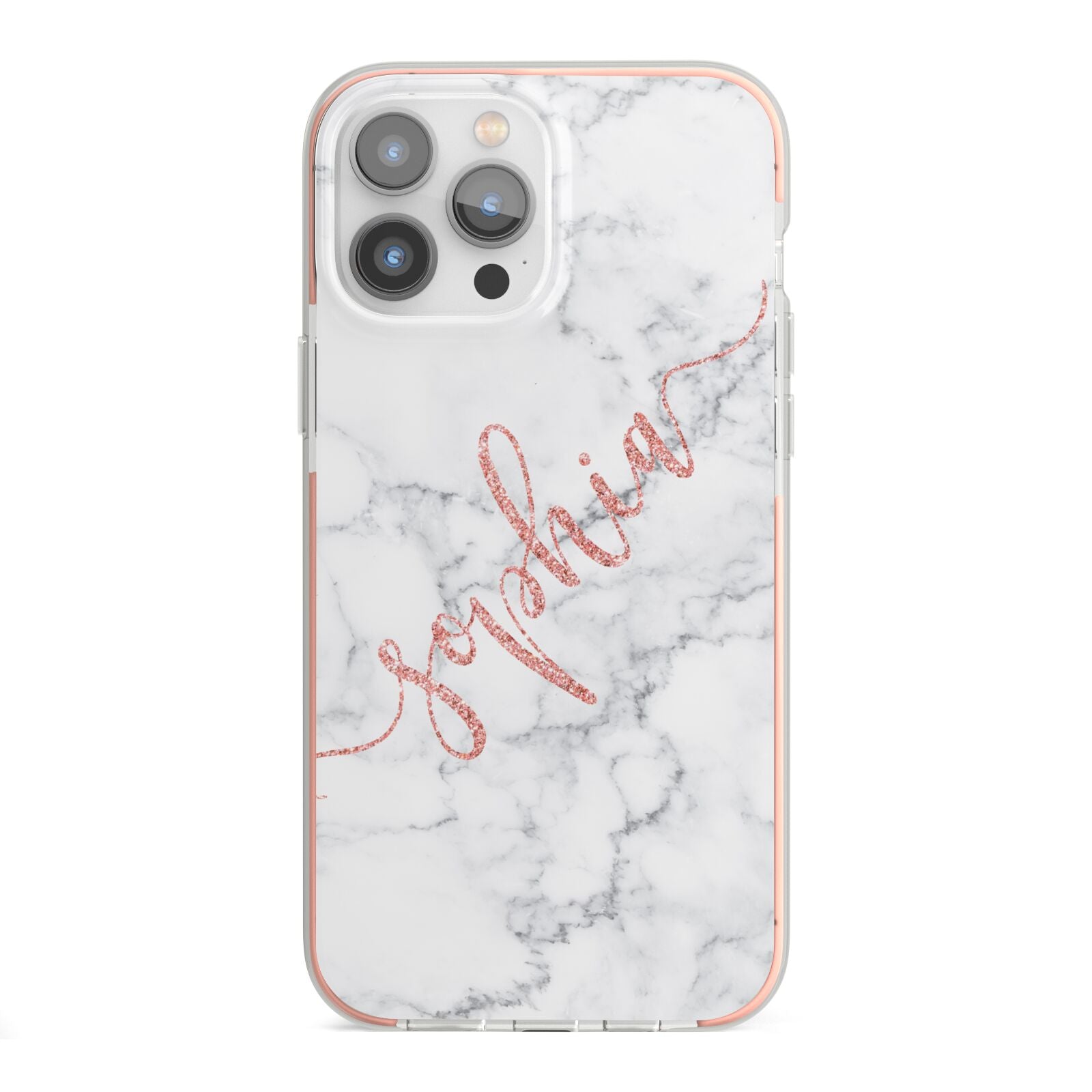 Personalised Marble with Pink Glitter Text iPhone 13 Pro Max TPU Impact Case with Pink Edges