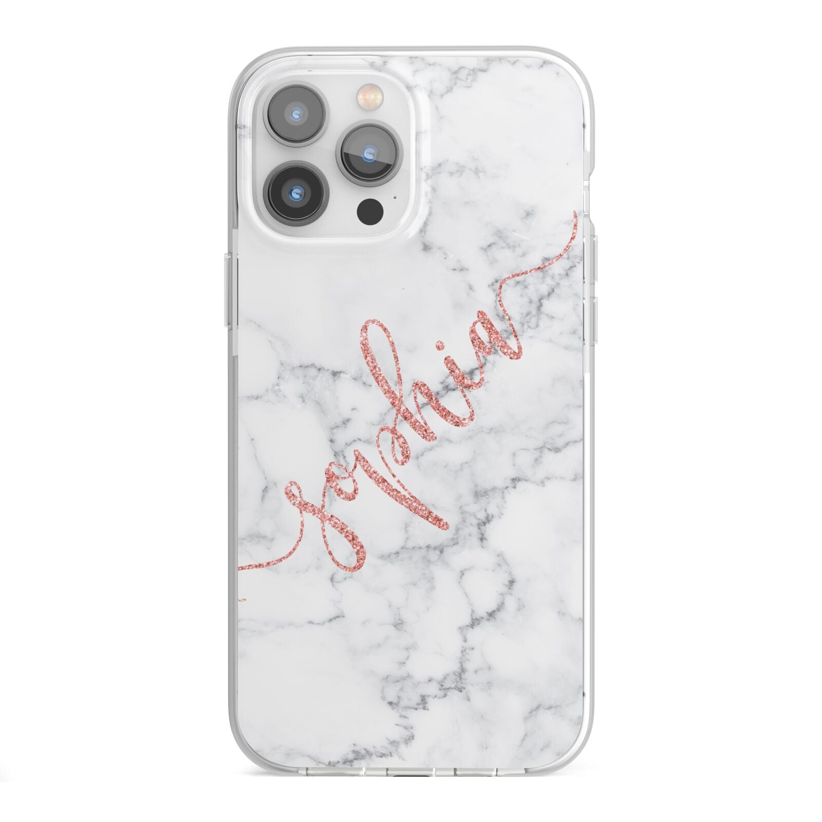 Personalised Marble with Pink Glitter Text iPhone 13 Pro Max TPU Impact Case with White Edges