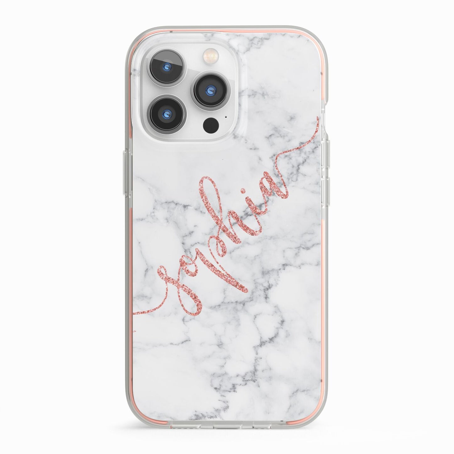 Personalised Marble with Pink Glitter Text iPhone 13 Pro TPU Impact Case with Pink Edges