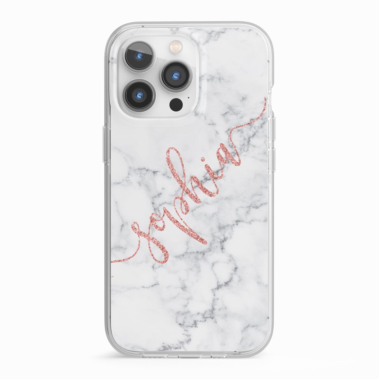 Personalised Marble with Pink Glitter Text iPhone 13 Pro TPU Impact Case with White Edges