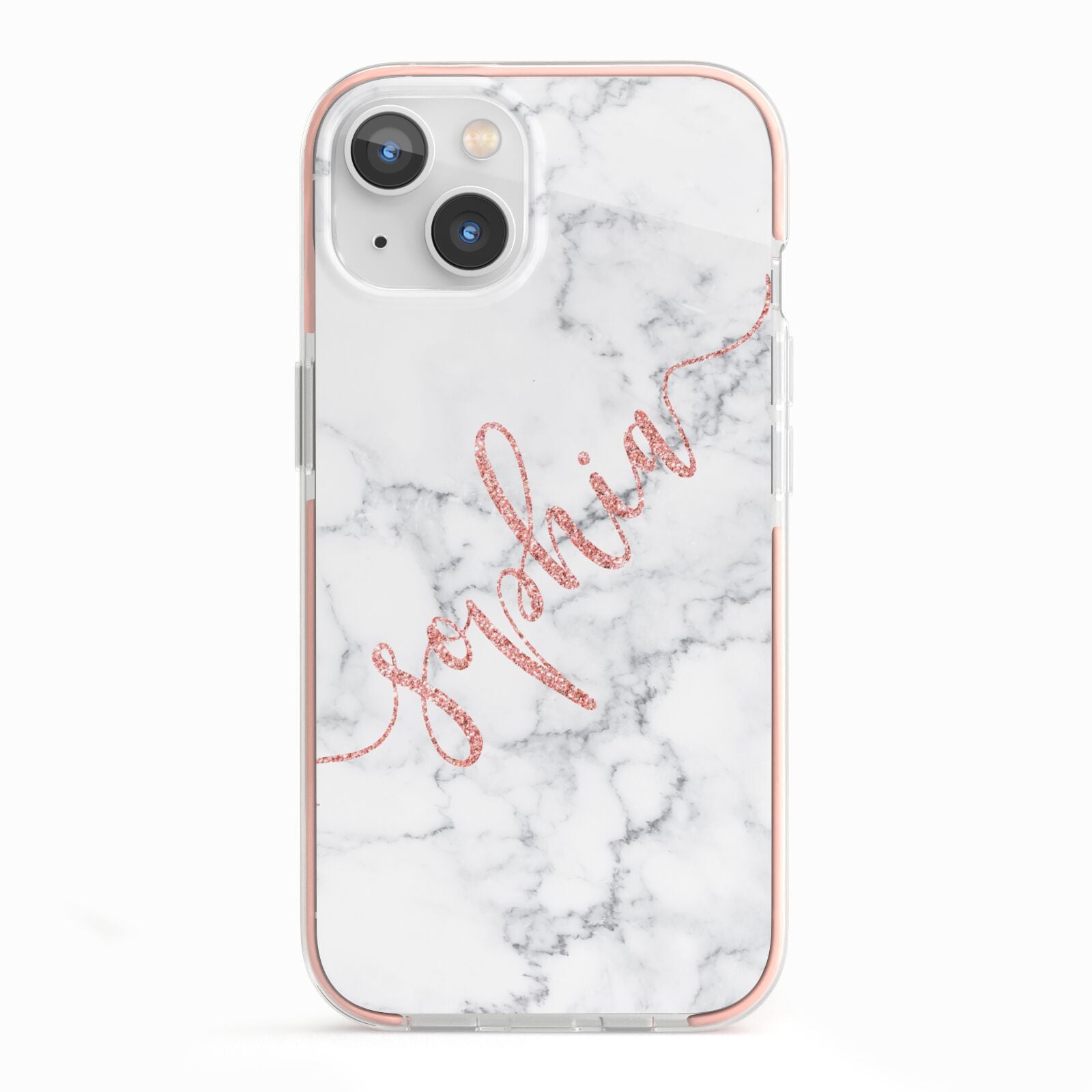 Personalised Marble with Pink Glitter Text iPhone 13 TPU Impact Case with Pink Edges