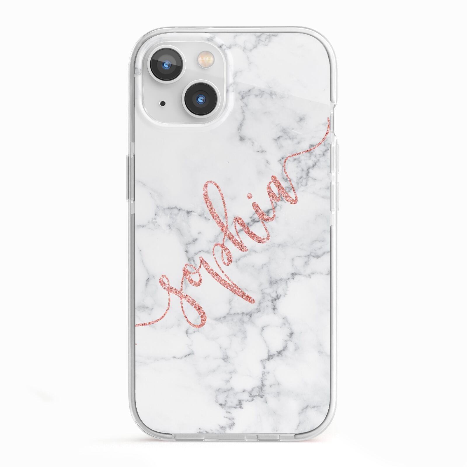 Personalised Marble with Pink Glitter Text iPhone 13 TPU Impact Case with White Edges