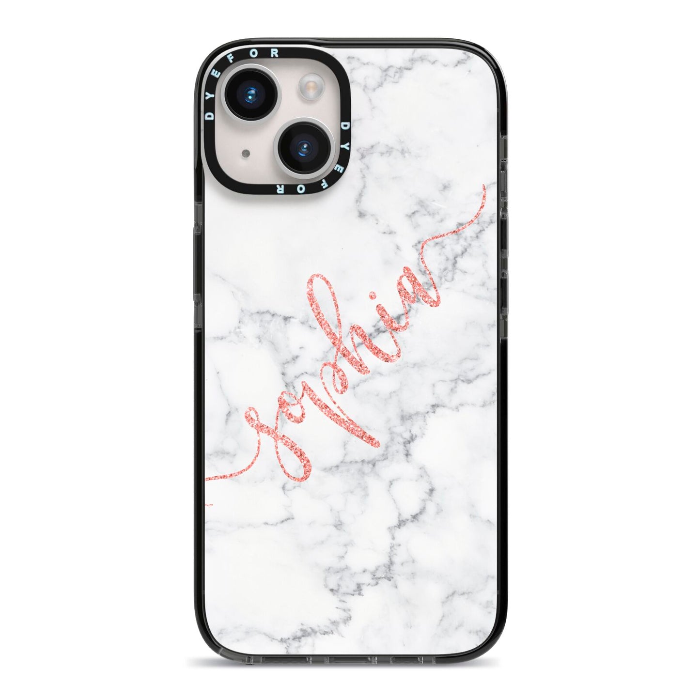 Personalised Marble with Pink Glitter Text iPhone 14 Black Impact Case on Silver phone