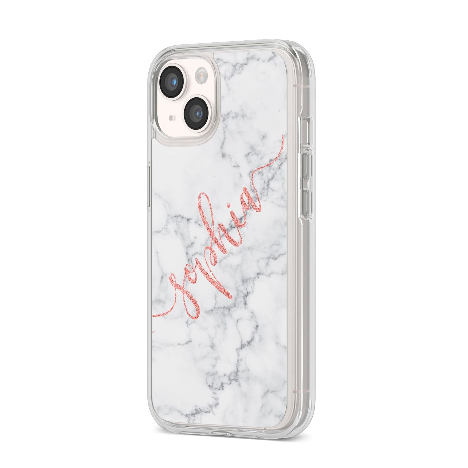 Personalised Marble with Pink Glitter Text iPhone 14 Clear Tough Case Starlight Angled Image