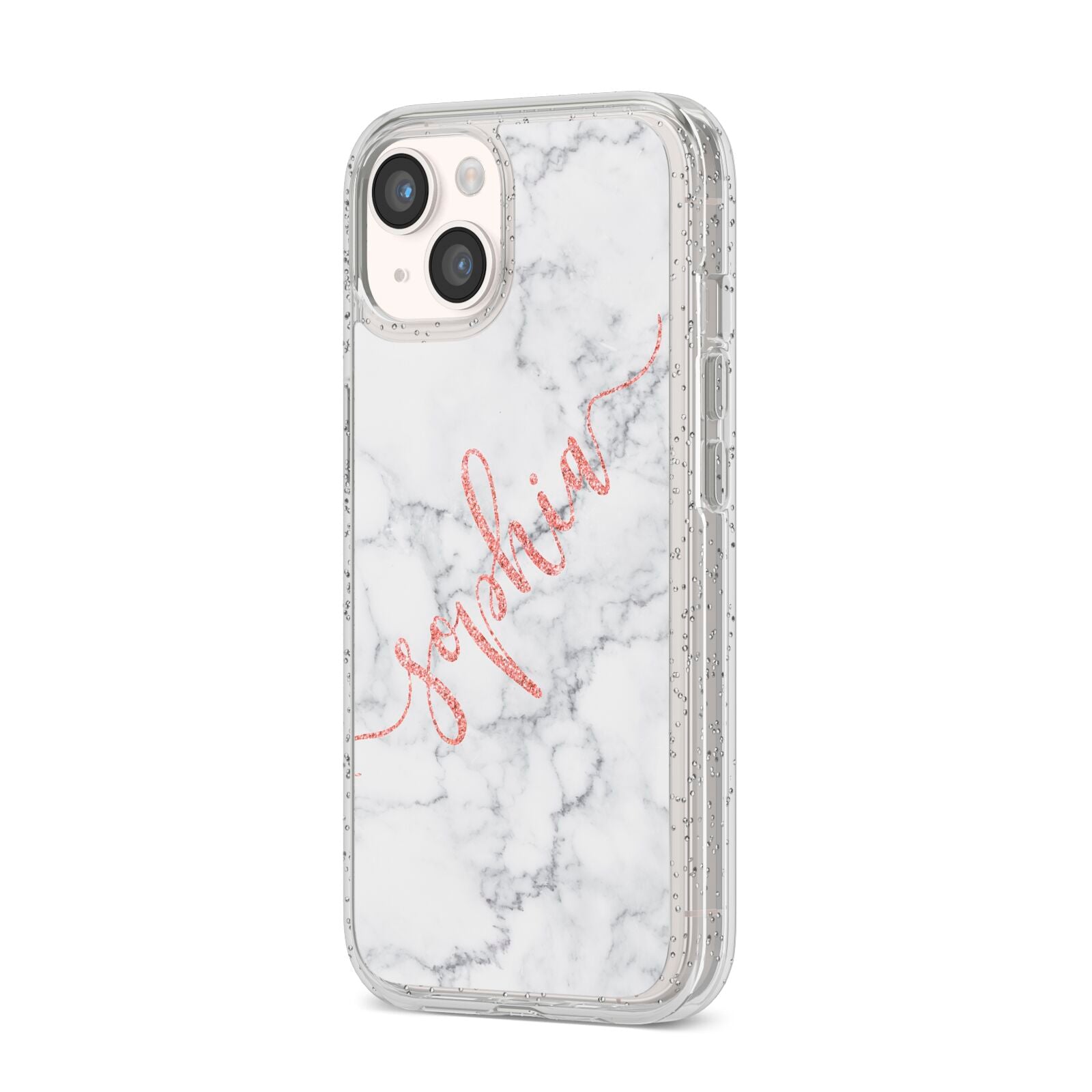 Personalised Marble with Pink Glitter Text iPhone 14 Glitter Tough Case Starlight Angled Image