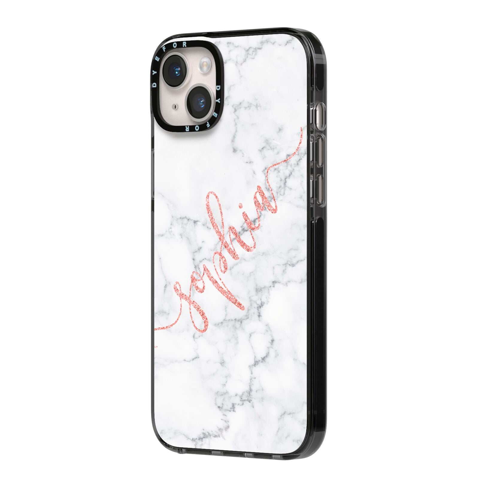 Personalised Marble with Pink Glitter Text iPhone 14 Plus Black Impact Case Side Angle on Silver phone