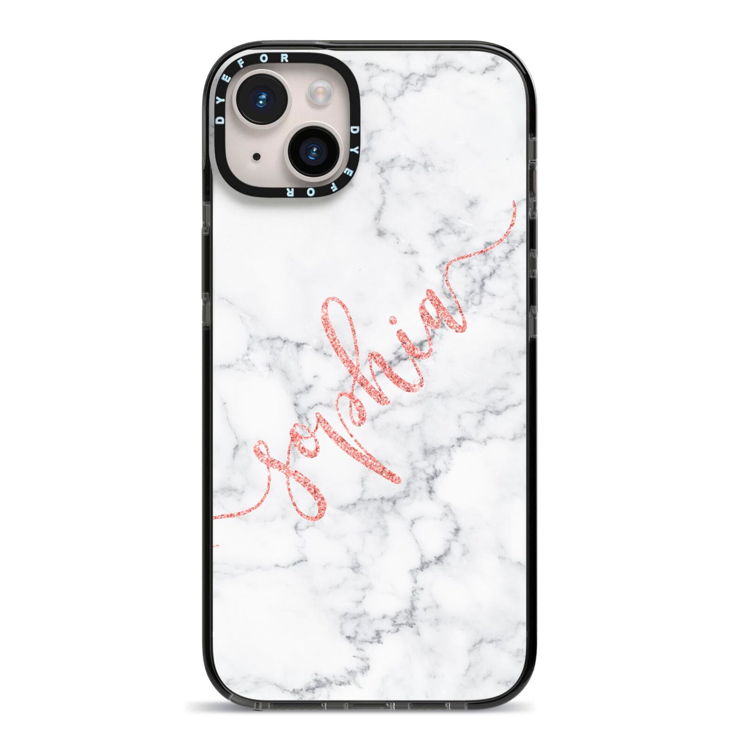 Personalised Marble with Pink Glitter Text iPhone 14 Plus Black Impact Case on Silver phone