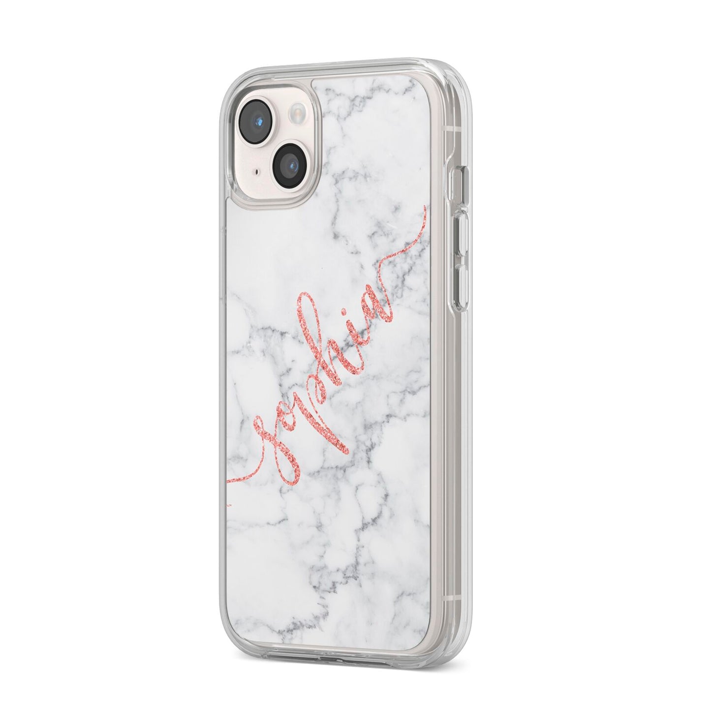 Personalised Marble with Pink Glitter Text iPhone 14 Plus Clear Tough Case Starlight Angled Image