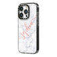 Personalised Marble with Pink Glitter Text iPhone 14 Pro Black Impact Case Side Angle on Silver phone