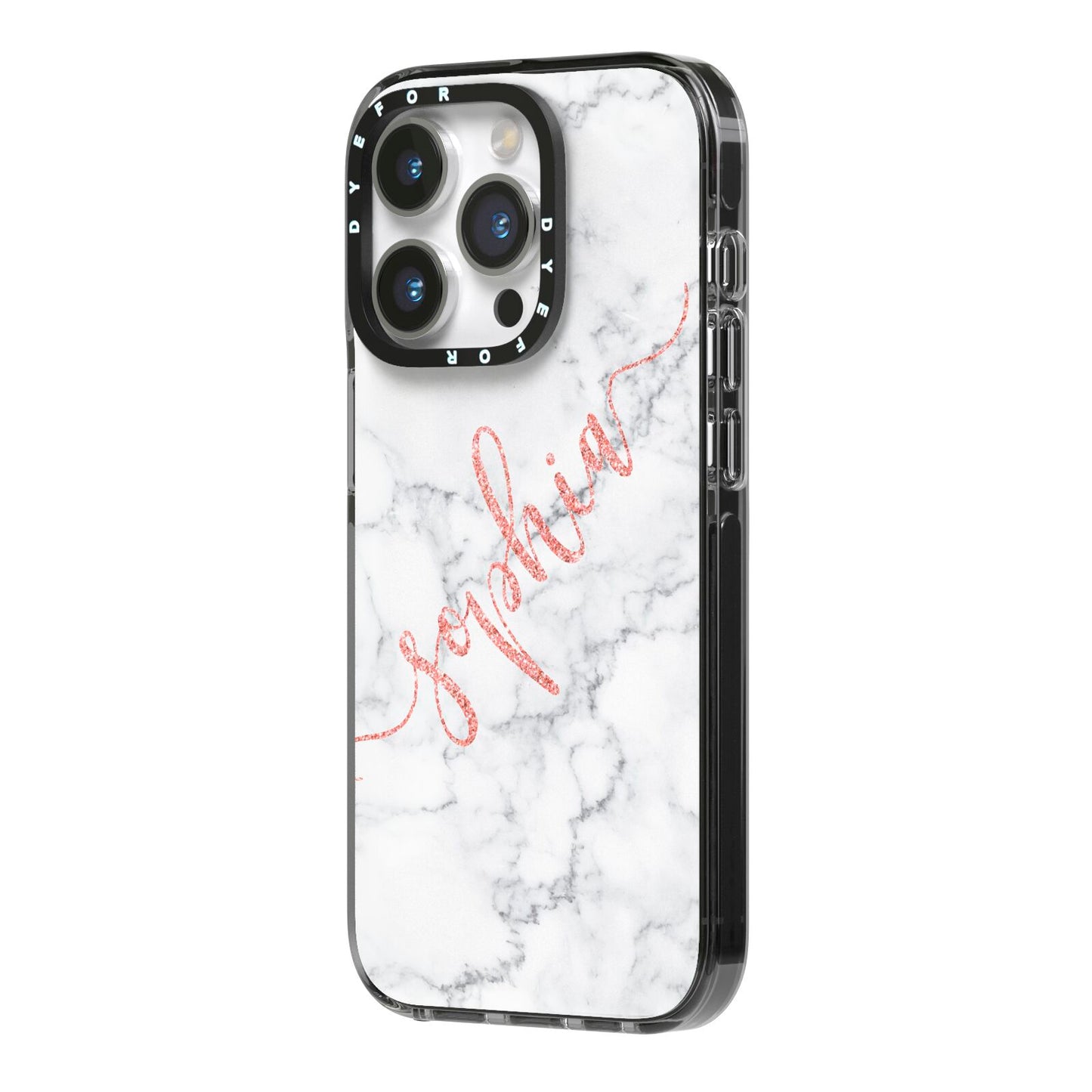Personalised Marble with Pink Glitter Text iPhone 14 Pro Black Impact Case Side Angle on Silver phone