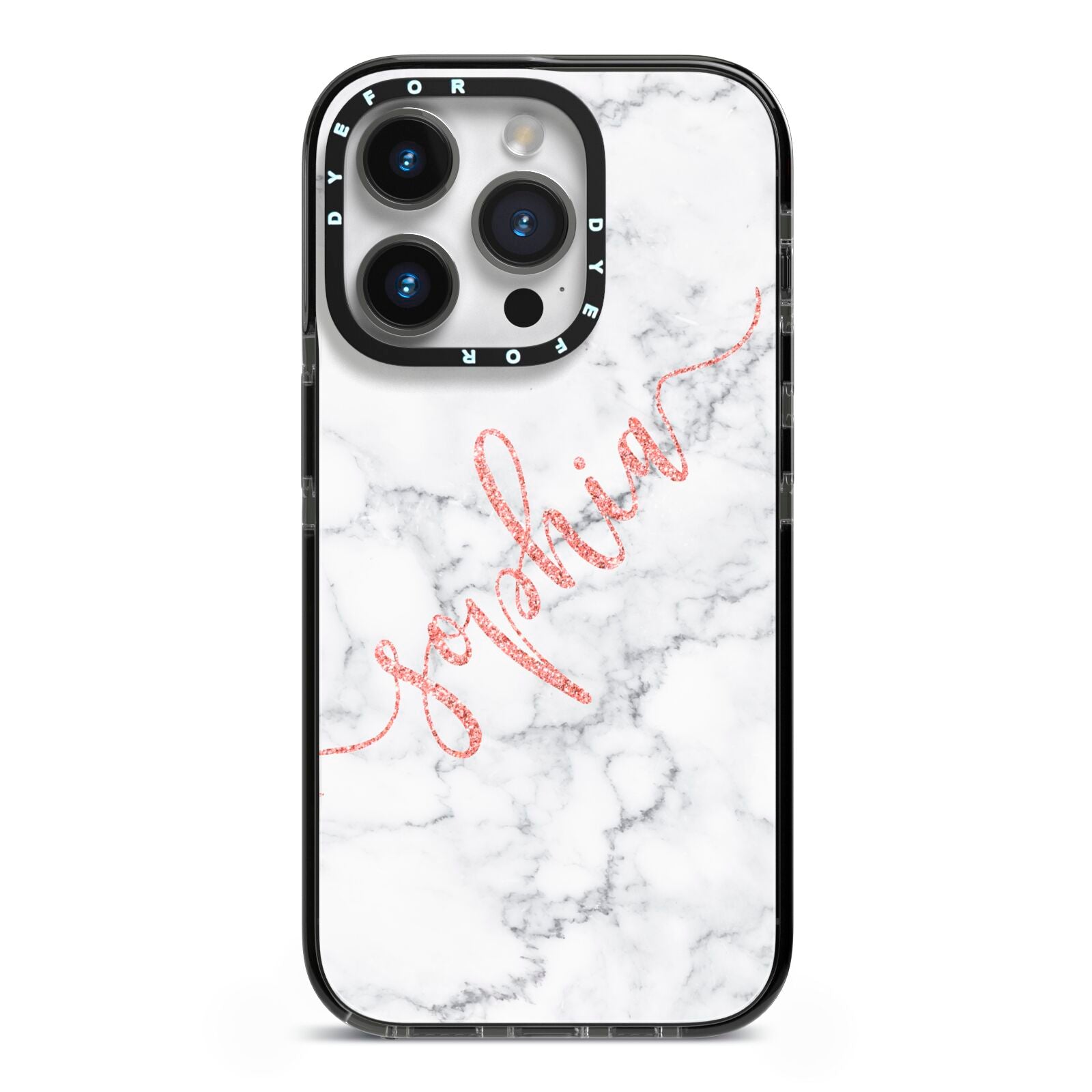Personalised Marble with Pink Glitter Text iPhone 14 Pro Black Impact Case on Silver phone
