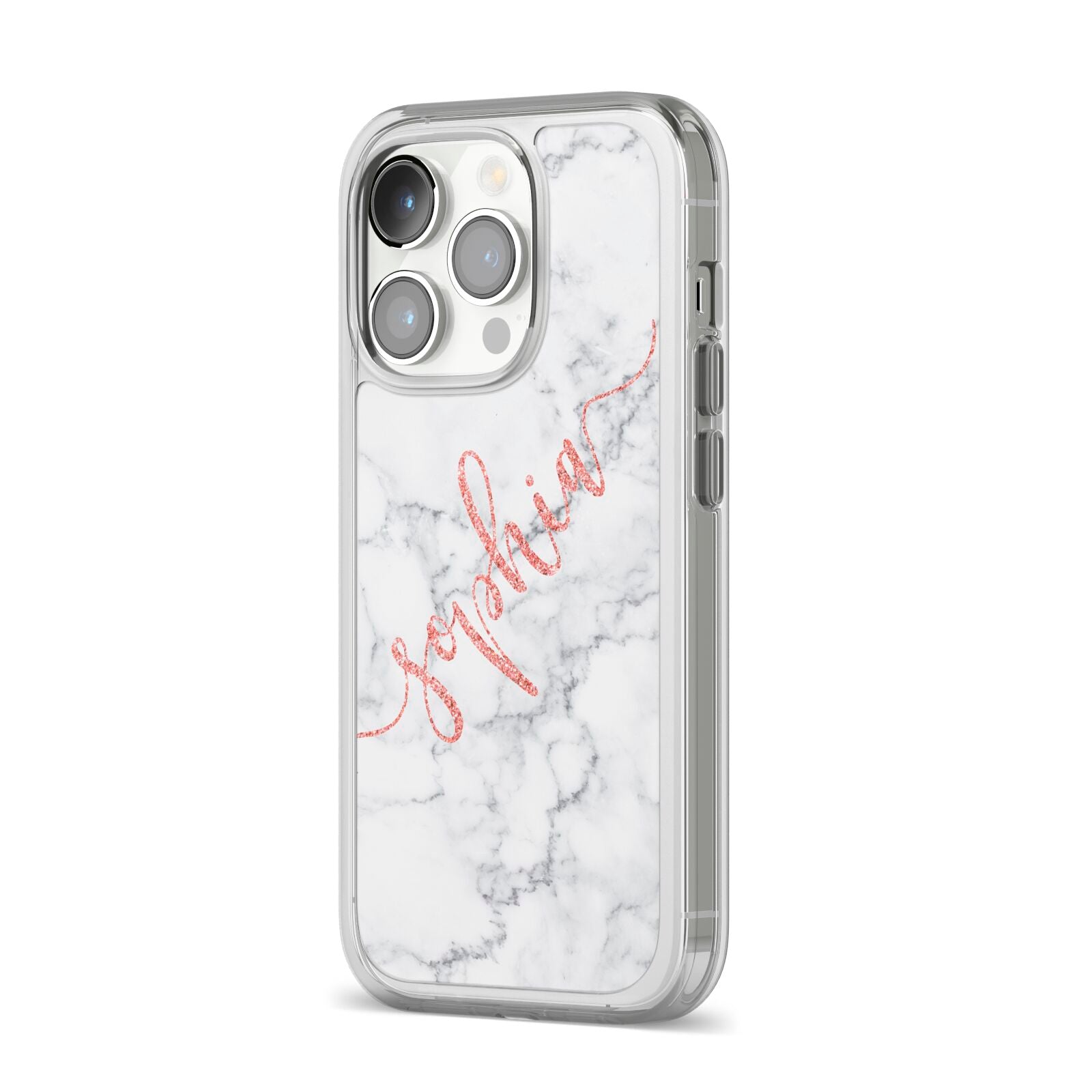 Personalised Marble with Pink Glitter Text iPhone 14 Pro Clear Tough Case Silver Angled Image