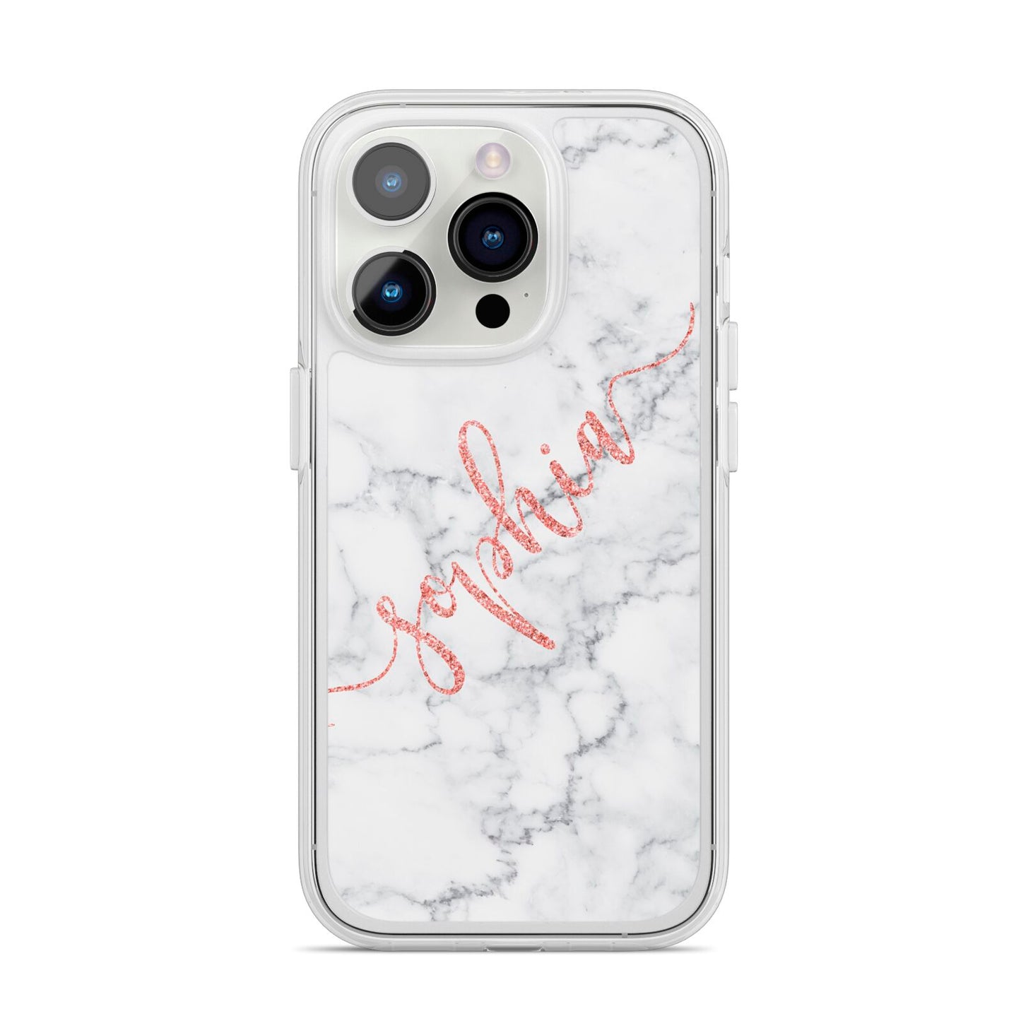 Personalised Marble with Pink Glitter Text iPhone 14 Pro Clear Tough Case Silver