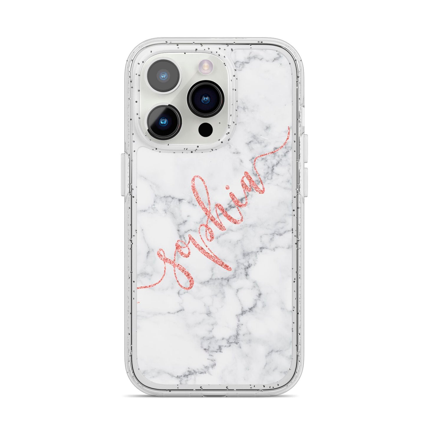 Personalised Marble with Pink Glitter Text iPhone 14 Pro Glitter Tough Case Silver